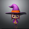 Cute Little Witch Girl Cartoon Character Wearing Purple Hat Red Belt And Purple Outfit