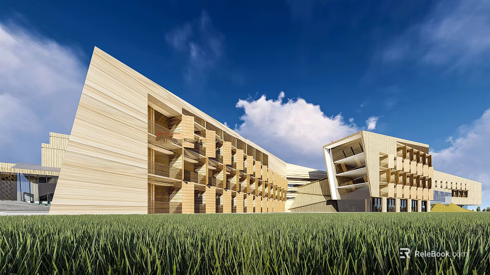 Modern Hotel Building With Wooden Exterior Geometric Design And Green Lawn 3d model 