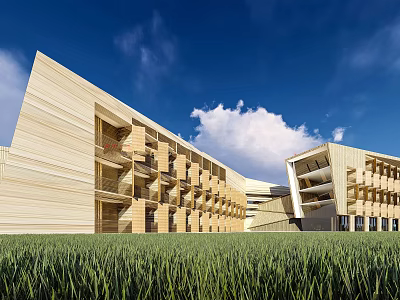 Modern Hotel Building With Wooden Exterior Geometric Design And Green Lawn 3d model