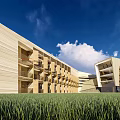 Modern Hotel Building With Wooden Exterior Geometric Design And Green Lawn