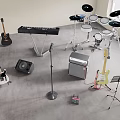 Various Musical Instruments Collection With Guitars Keyboard Drum Set And Accessories In Room