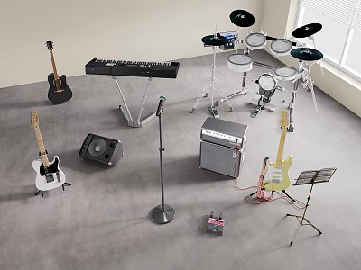 Various Musical Instruments Collection With Guitars Keyboard Drum Set And Accessories In Room 3d model