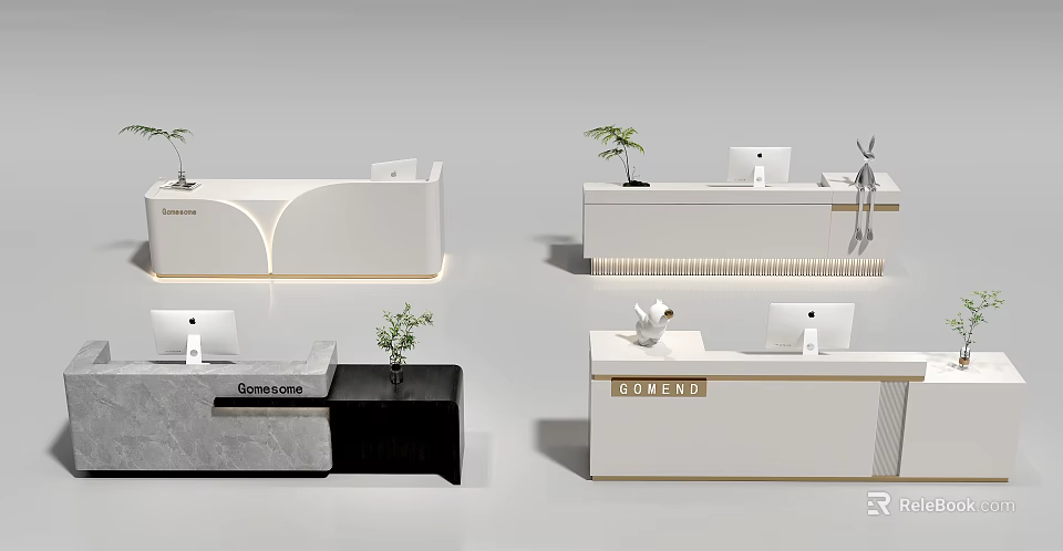 Modern Reception Desk Interior Design With White Countertop Black Elements Plants And Computer Monitors 3d model
