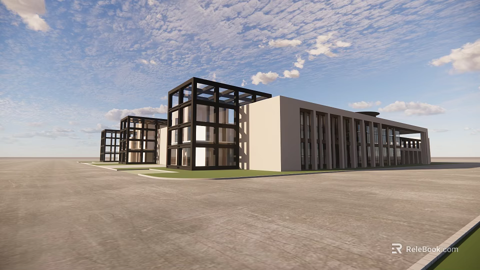 Modern Office Building With Glass Facade And Sleek Design Under Blue Sky 3d model 