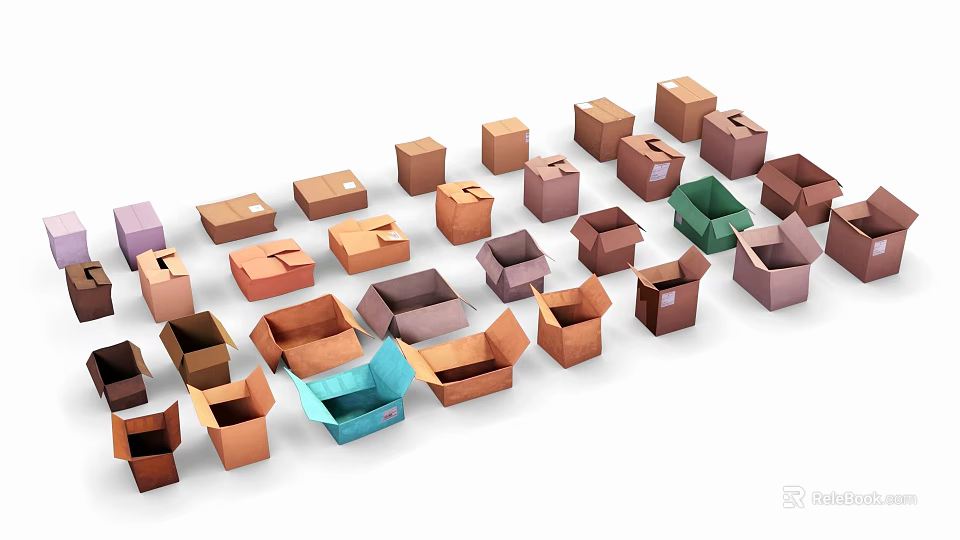 Assorted Cardboard Boxes in Various Colors and Sizes Some Open Some Closed Arranged Together 3d model 
