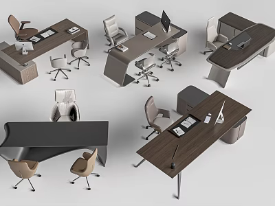 Modern Office Desk And Chair Sets With Wooden Tops And Matching Ergonomic Chairs 3d model