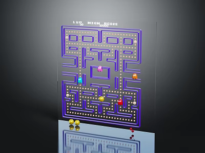 Cartoon Scene Pac Man Maze On Transparent Panel With Colorful Characters Dots Dark Background Reflection 3d model