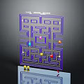 Cartoon Scene Pac Man Maze On Transparent Panel With Colorful Characters Dots Dark Background Reflection