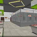 Spacious Supermarket Interior With Stocked Fruit Vegetable Shelves Hexagonal Pendant Lights And Green Pillars