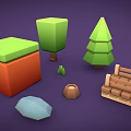 Low Poly Scene Components Including Cube Tree Plant Bench And Umbrella Shaped Objects 3d model