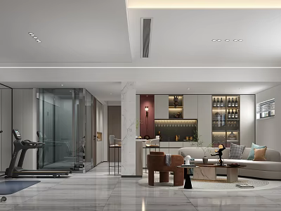 Modern Basement Interior With Fitness Equipment Sofa Seating And Storage Cabinets 3d model