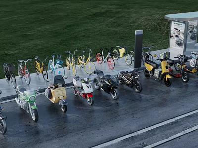 Various Colored Bicycles and Motorcycles Parked Outdoor With Green Grass Wet Ground and Billboard 3d model