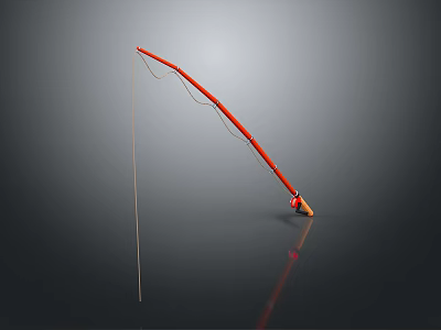 Red fishing rod with hanging fishing line on gray background for daily household use 3d model