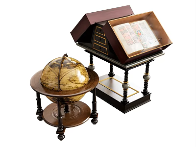 Vintage Globe And Map Display Stand Decorative Ornament Set With Wooden Bases 3d model