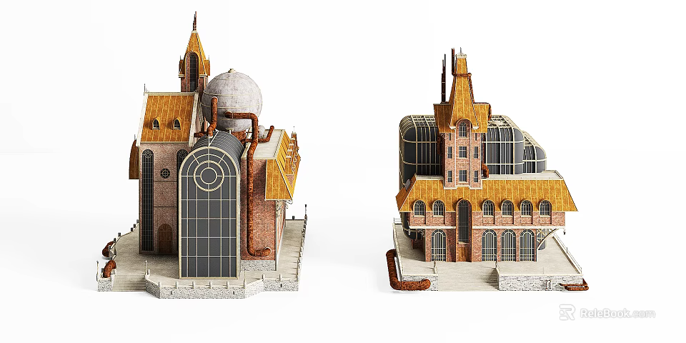 Ancient Architecture Models Featuring Yellow Roofs Dome Arched Windows And Red Brick Structures 3d model 