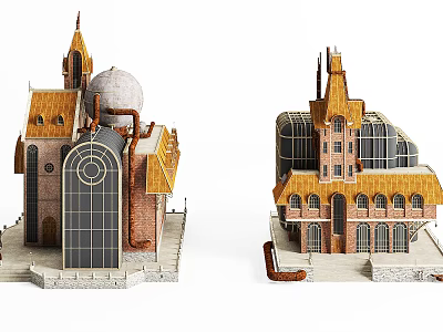 Ancient Architecture Models Featuring Yellow Roofs Dome Arched Windows And Red Brick Structures 3d model