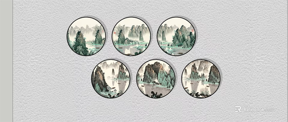 Chinese Landscape Circular Hanging Wall Art With Mountains Trees And Water 3d model 