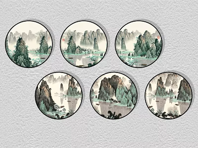 Chinese Landscape Circular Hanging Wall Art With Mountains Trees And Water 3d model