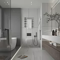 Modern Bathroom Interior Design With White Freestanding Bathtub Wall-Hung Toilet And Tiled Floor