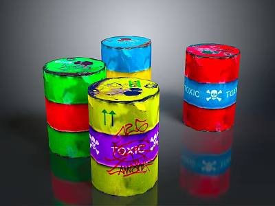 Colorful Toxic Waste Barrels With Poison Labels And Skull Warning Symbols 3d model