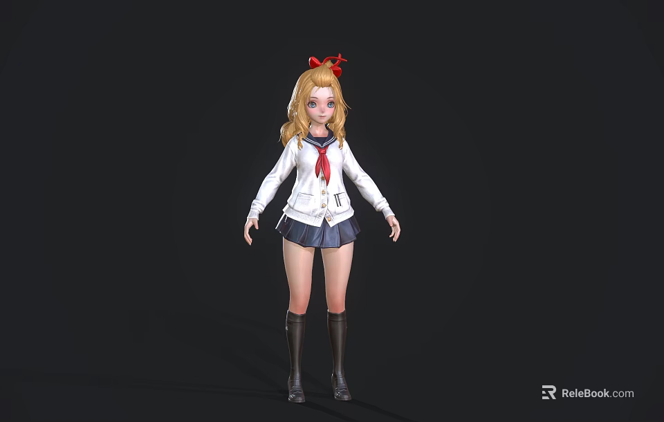 Blonde Woman Wearing White Coat Red Bow Tie Dark Skirt Long Boots Against Black Background 3d model 