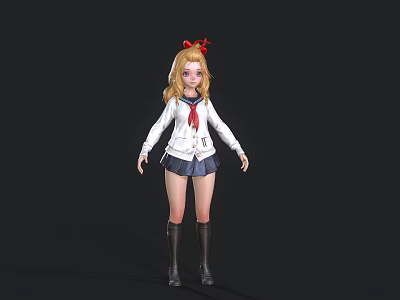 Blonde Woman Wearing White Coat Red Bow Tie Dark Skirt Long Boots Against Black Background 3d model