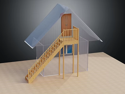 Miniature Model House Structure With Transparent Roof Wooden Staircase Railing And Door 3d model