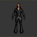 Man with long red hair in black outfit including long-sleeve top flared pants and gloves