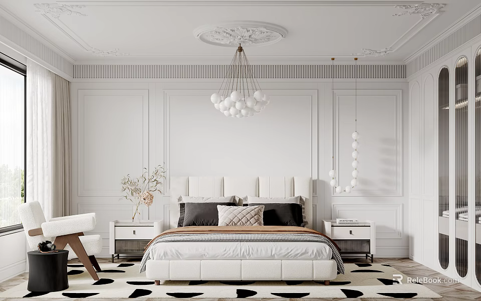 Elegant Modern Bedroom Interior Design With Paneled Walls Chandelier And Area Rug 3d model 
