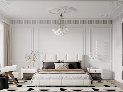 Elegant Modern Bedroom Interior Design With Paneled Walls Chandelier And Area Rug 3d model