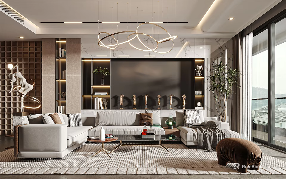 Modern Living Room Interior With White Sofa Large TV Wall Circular Chandelier And Decorative Plants 3d model 
