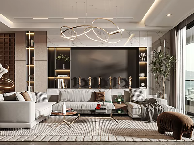 Modern Living Room Interior With White Sofa Large TV Wall Circular Chandelier And Decorative Plants 3d model