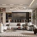 Modern Living Room Interior With White Sofa Large TV Wall Circular Chandelier And Decorative Plants