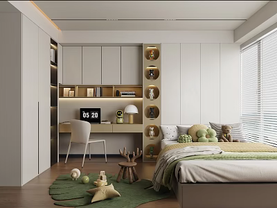 Modern Tatami Bedroom Interior With Desk Chair Stuffed Toys Green Rug And Window Blinds 3d model