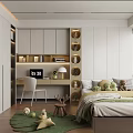 Modern Tatami Bedroom Interior With Desk Chair Stuffed Toys Green Rug And Window Blinds