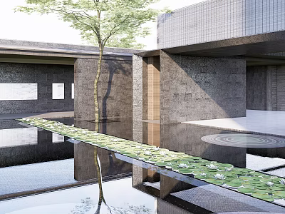 Modern Garden Landscape With Water Pool Water Lilies Tree And Reflective Courtyard 3d model