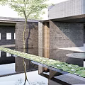 Modern Garden Landscape With Water Pool Water Lilies Tree And Reflective Courtyard