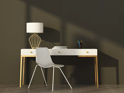 Modern Minimalist Desk with White Top Gold Legs Table Lamp Books and White Chair 3d model