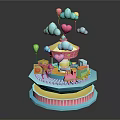 Pink Doll On Layered Carousel Structure With Colorful Clouds Balloons Track And Striped Base