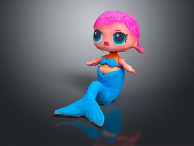 Cute Mermaid Doll With Pink Glittery Hair Big Blue Eyes And Blue Tail 3d model