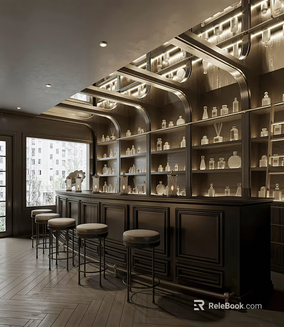 Elegant Bar Interior With Dark Wooden Counter High Stools And Illuminated Glassware Shelves 3d model 