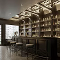 Elegant Bar Interior With Dark Wooden Counter High Stools And Illuminated Glassware Shelves