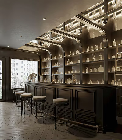 Elegant Bar Interior With Dark Wooden Counter High Stools And Illuminated Glassware Shelves 3d model