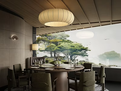 Private Dining Room Interior With Round Table Scenic View And Lamps 3d model