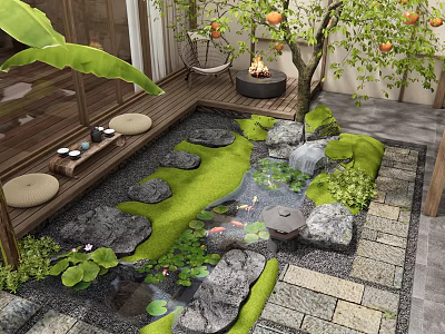 Courtyard Garden With Small Pond Waterfall Koi Fish Lotus Leaves Stone Steps And Fire Pit 3d model
