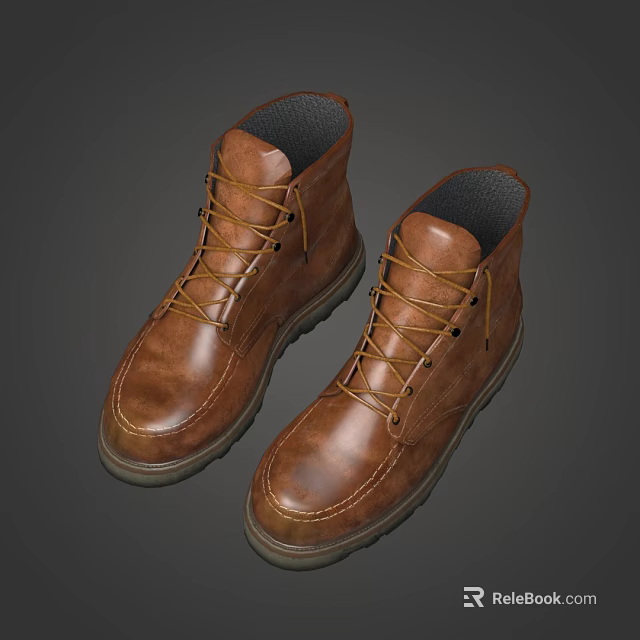 Brown Leather Lace Up Boots With Gray Lining And Thick Sole Design 3d model 