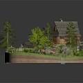 Wooden House Model with Garden Surrounded by Trees Flowers Small Stream and Outdoor Seating