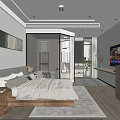 Minimalist Hotel Room Interior With Comfortable Bed Wooden Nightstand TV And Open Bathroom