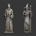 Elderly Man Wizard Statues In Silver Robe And Hat Holding Book And Staff