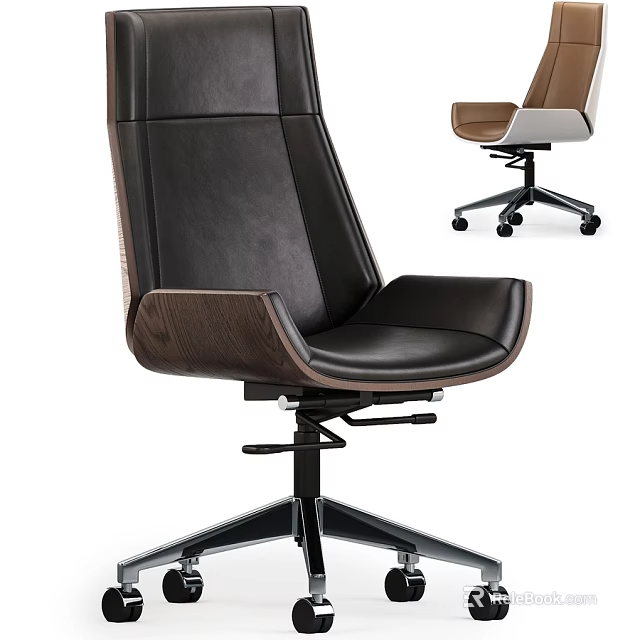 Modern Office Table And Chair Set With Leather Upholstery Wooden Armrests And Swivel Base 3d model 